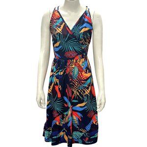 CCC Colorful Bohemian Style Spaghetti Strap Dress V Neck Tropical Leaf Print Med